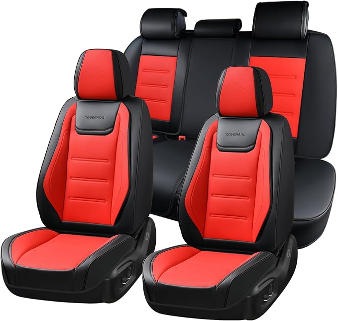 Coverado Car Seat Covers Full Set, Seat Covers for Cars, Front Seat Covers and Back Seat Cover Waterproof Leather Automotive Seat Cover, Universal Car Interior Protectors Cushion for Most Cars by COVERADOAUTO
