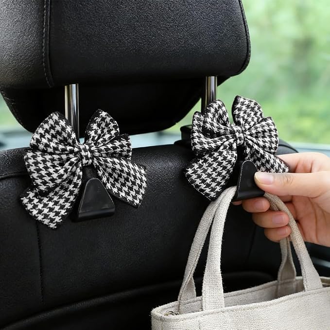 2PCS Car Seat Headrest Hooks, Car Purse Hook, Cute Bow Knot Vehicle Seatback Hanging Storage Organizer, Auto Seatback Decor Organizer Hanger for SUV Truck (Houndstooth/Black) - Image 6