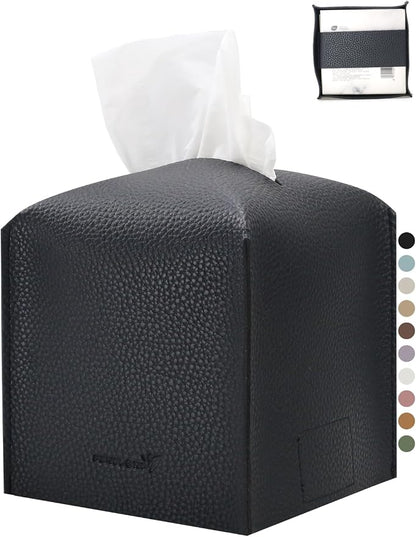 Tissue Box Cover 5X5X5'' PU Leather Tissue Holder Square Tissue Cube Box Organizer for Bathroom Vanity Countertop, Car, Night Stands, Office, Home, Kitchen (1Pack, Black) by PENGLONGHOMEDECORATION