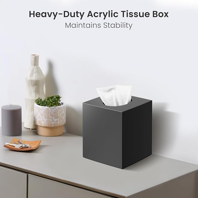 Square Acrylic Tissue Box Cover with 2 Pcs Qtip Holder Dispenser,Black | Modern decor,plastic,bathroom vanity storage organizer set,non-slip,Easy to refill,size compatibility for tissue & rolls - Image 6