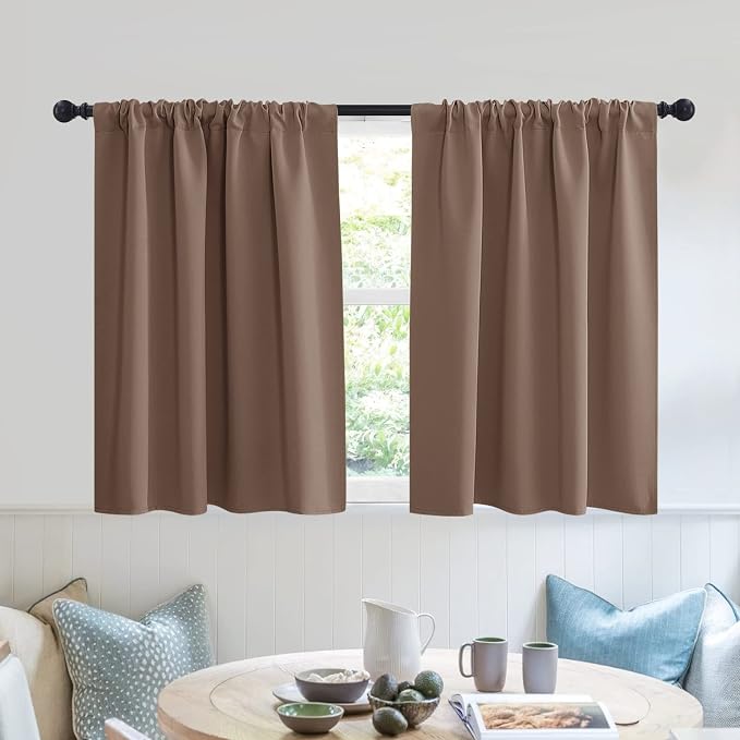 RYB HOME Short Blackout Privacy Curtains 30 inch Long for Bathroom Window | Thermal Insulated, Heat Blocking, Rod Pocket, Half Window Curtain Tiers for Nursery Bedroom, W42 x L30, Mocha, 2 Panels by RYBHOME