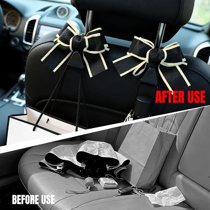 2PCS Car Seat Headrest Hooks, Car Purse Hook, Cute Bow Knot Vehicle Seatback Hanging Storage Organizer, Auto Seatback Decor Organizer Hanger for SUV Truck (White Line) - Image 4