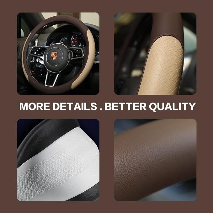 Steering Wheel Cover, Microfiber Leather Splicing with Classic Embossing,Contrasting Colors Anti-Slip Breathable Auto Car Steering Wheel Cover Fit 15 Inch Car Wheel Protector (Coffee&Beige) - Image 5
