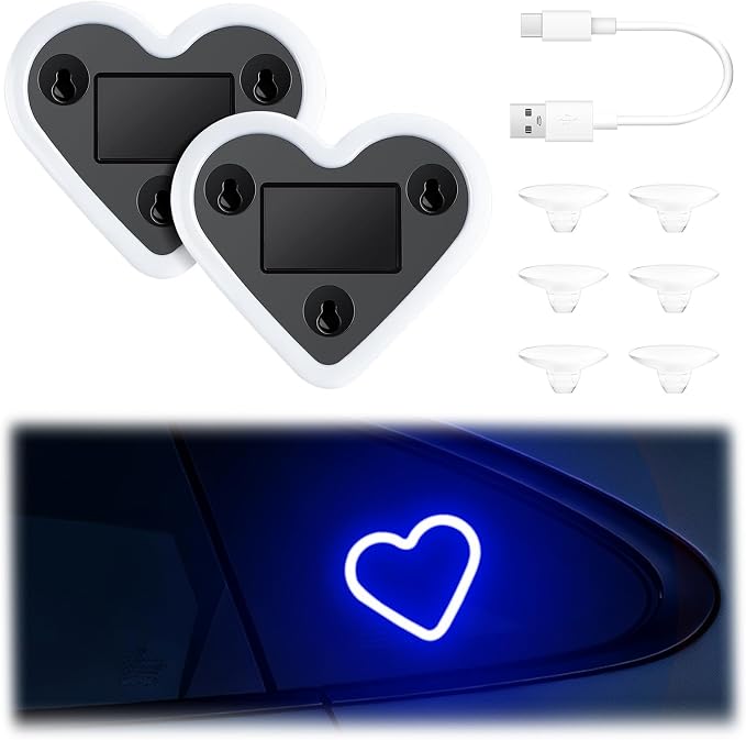 iFunyLED Heart-Shaped Solar Powered Car LED Interior Ambient Light, Wireless Lamp with 5 Lighting Modes, Dual Charging & Dual Sensor Design, Cute Car Accessories Gift for Women, Pack of 2 (Blue) by iFunyLED