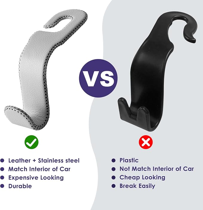 AMVOYOA Leather Car Seat Hooks - U-Shaped Purse Holder for Car, Fully Leather-Wrapped Headrest Hooks for Purses, Bags & Coats, Durable Seat Back Organizer for Travel & Daily Use (Gray, 2 Pack) - Image 5