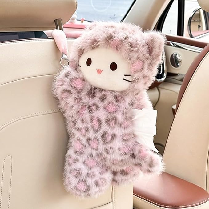 Tissue Box Cover Plush Tissue Box Holder for Car, Home, Decorative Holder/Organizer for Bathroom Vanity Countertop, Nightstands, Office Desk-Pink Leopard Cat by seemehappy