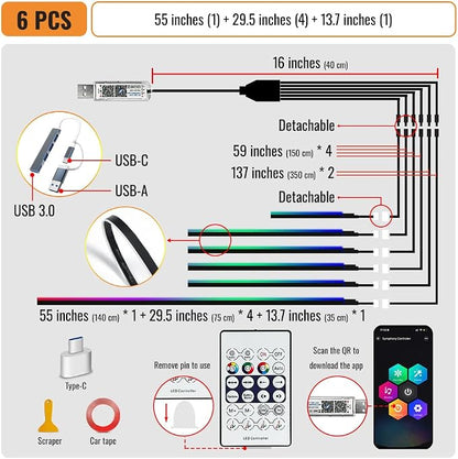 Acrylic Ambient Lighting Car Interior, 6 in 1 Dream Color Acrylic Led Strips Fiber Optic Lights with APP USB Hub, 16 Million Colors 187 Inches Flexible Neon Music Sync Emotion Glow Light for Car Dash - Image 2
