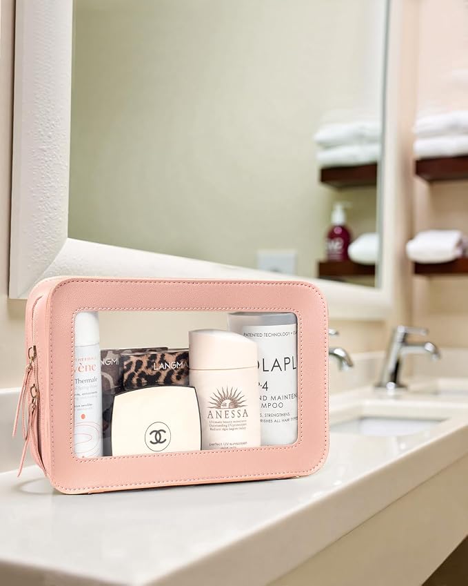 Clear Makeup Bags, TSA Approved Toiletry Bag with Zipper, Makeup Organizer for Carry-on Travel Essentials, Car Accessories Organizers Storage for Women Men (Clear-Pink) - Image 8
