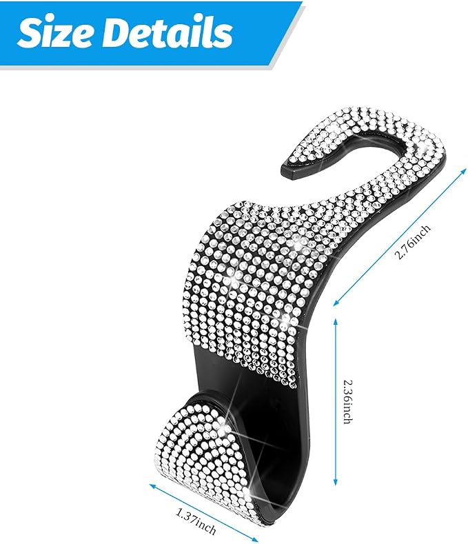 Zpana 4PCS Bling Car Seat Headrest Hooks, Vehicle Back Seat Purse Handbag Hanging Holder with Crystal Rhinestone, Diamond Storage Organizer Hook, Universal Automotive Accessories (Black/White) | Vehicle Back Seat Purse Handbag Hanging Holder, Crystal D... - Image 2