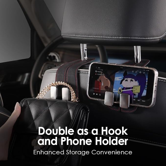 KINIVA Car Seat Headrest Storage Hooks, Set of 2, Suede PU Leather, Double Hooks (Black-4 Pack) - Image 5