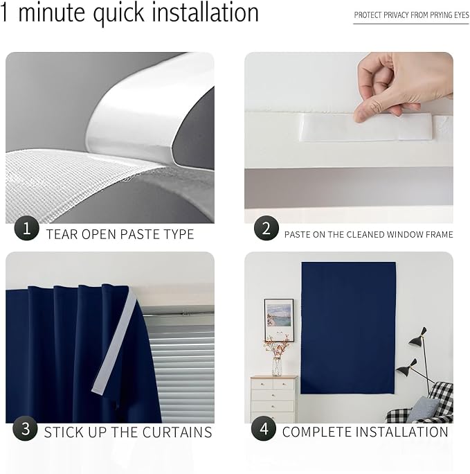 Self Adhesive Portable Blackout Curtains for Bedroom Easy to Install Window Thermal Lnsulated Kitchen Room Darkening Small Window Curtains, 47" W X 59" L, Navy Blue, 1 Panel - Image 3