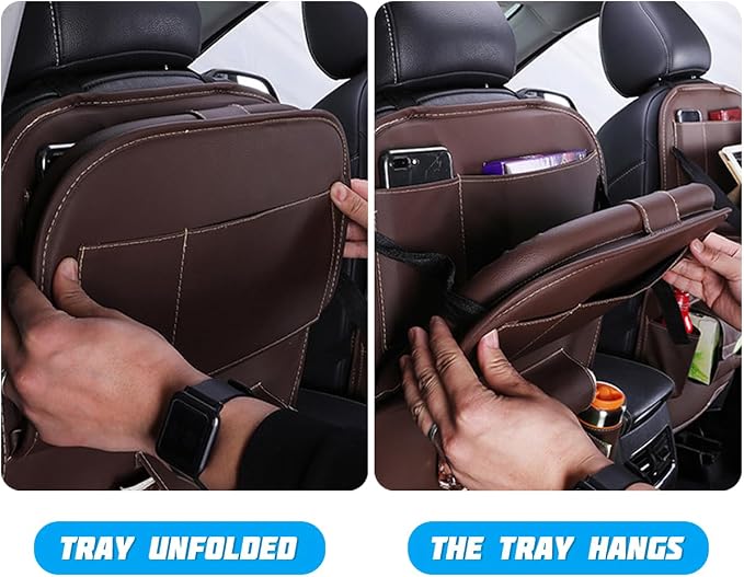 Leather Seat Back Organizer with Foldable Table Tray, Coffee | kick-mat function, rear-seat protective surface, multifunctional use, fits most cars SUVs and trucks, interior item - Image 5