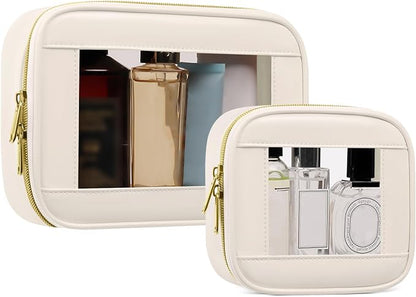 2-Piece Leather Clear Makeup Bags Set - Waterproof Clear Cosmetic Bag Case with Zipper, Transparent TSA Approved Toiletry Bag for Travel, Car Accessories for Women (Beige-2, Mini+Medium) by JRQCSJY