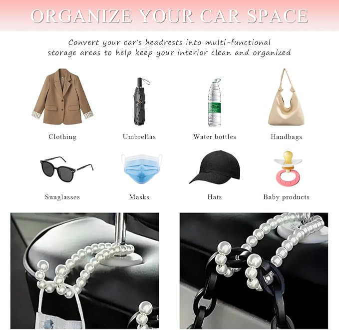 DXNQ Elegant Pearl Car Seat Headrest Hook, Cute Car Seat Hook Hanger Storage Organizer for Handbag Purse, Interior Decoration Headrest Hanger for Women Girls, Car Accessories - Image 6