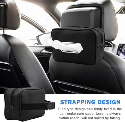 Car Tissue Holder, PU Leather Backseat Rectangle Napkin Organizer Tissue Box Cover Keep Car Tidy, Tissues Dispenser with 4 Hooks for Cars (COLOR:Black) - Image 3