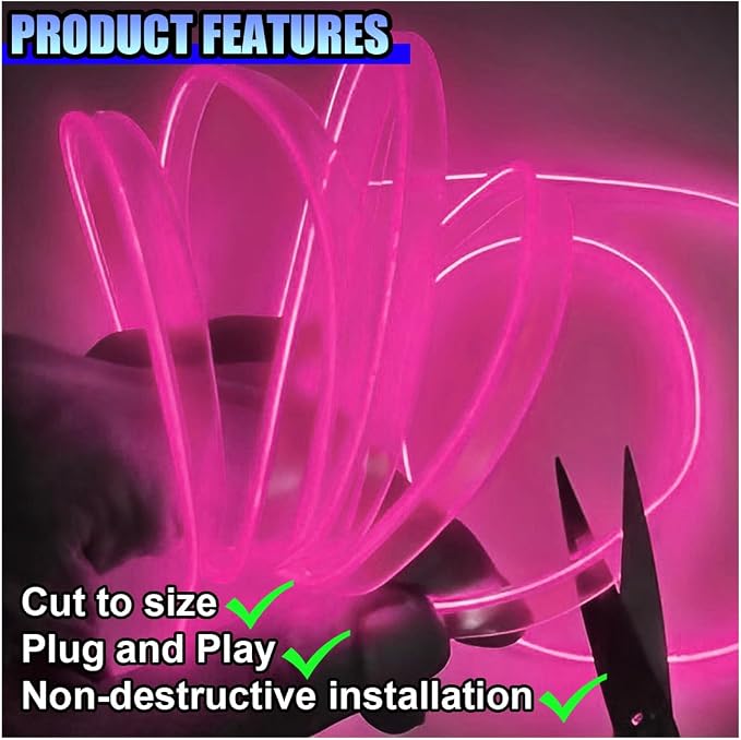 ZIMISI EL Wire Car Interior LED Strip Lights, Neon Light Strip (Pink) | 5V 16FT Car Ambient Lighting Decorations with Sewing Edge, USB Electroluminescent Car Interior Lights with Fuse Protection - Image 4