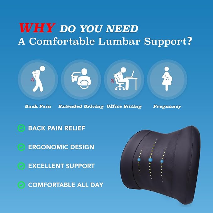 Lofty Aim Lumbar Support Pillow for Car, Car Seat Back Support for Driving | Memory Foam Car Lumbar Support for Driving Seat, Car Back Cushion, Adjustable Straps, Lower Back Pillow, PU Leather, Black - Image 3