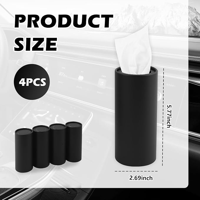 4PCS Pull Out Cars Tissue Holder,Refillable Car Tissues Cylinder with 30-Count Per Box,Multifunctional Car Tissue Box for Cars as Automotive Garbage Cans/Pen Holders (Black) - Image 2
