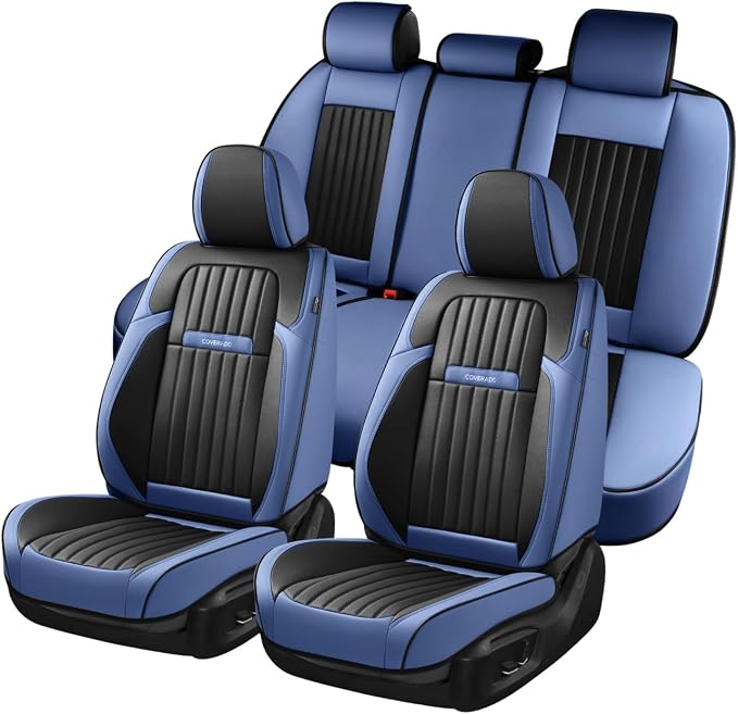 Coverado Car Seat Covers Full Set, Nappa Leather Seat Covers for Cars, Car Seat Cushion Car Seat Protector, Front and Back Seat Protectors Cushions Universal Fit for Most Cars Vehicles(Blue&Black) by COVERADOAUTO