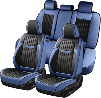 Coverado Car Seat Covers Full Set, Nappa Leather Seat Covers for Cars, Car Seat Cushion Car Seat Protector, Front and Back Seat Protectors Cushions Universal Fit for Most Cars Vehicles(Blue&Black) by COVERADOAUTO