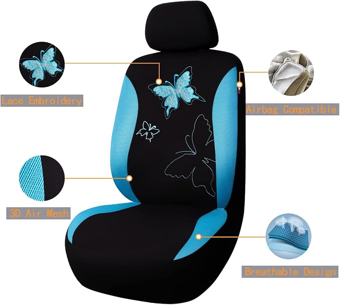 Flying Banner Butterfly car seat Covers ful Set Fashion Universal Lady Woman Female Rear Bench Back Split Colorized (Mint Blue, Full Set - Lace) - Image 2