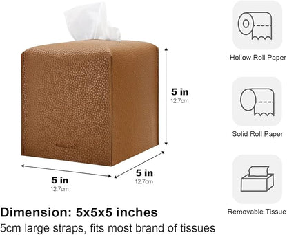 Tissue Box Cover 5X5X5'' PU Leather Tissue Holder Square Tissue Cube Box Organizer for Bathroom Vanity Countertop, Car, Night Stands, Office, Home, Kitchen (2Pack, Brown) - Image 5