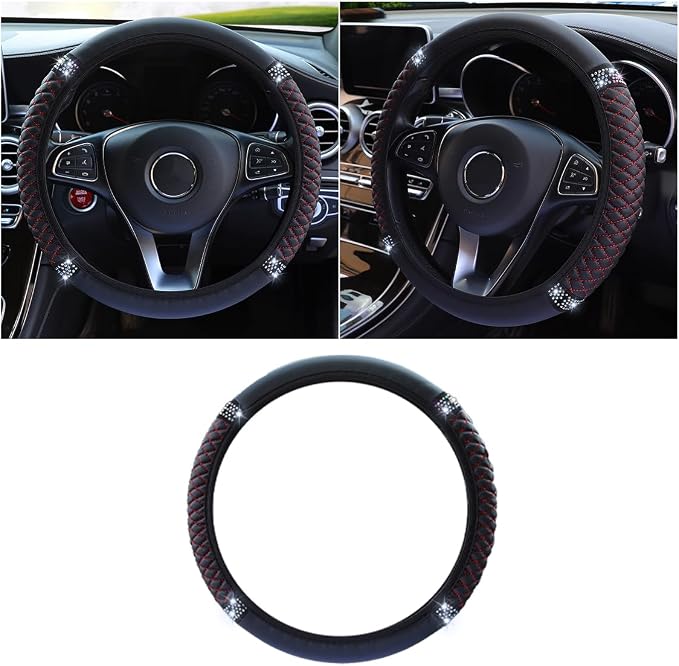 JOYCOURT 15 Inch Bling Soft Leather Car Steering Wheel Cover, Black Red | Colorful Rhinestones Design, Auto Elastic Protector for Women Girls, Crystal Diamond Car Accessories for Most Cars, SUVs by JOYCOURT