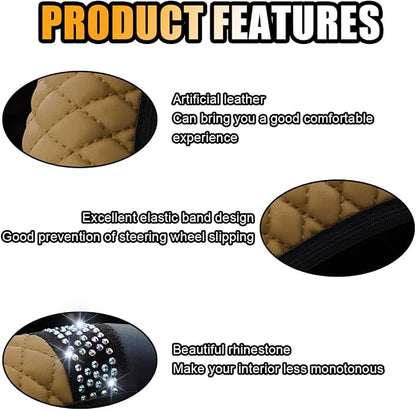 JOYCOURT 15 Inch Bling Soft Leather Car Steering Wheel Cover, Beige | Colorful Rhinestones Design, Auto Elastic Protector for Women Girls, Crystal Diamond Car Accessories for Most Cars, SUVs - Image 4