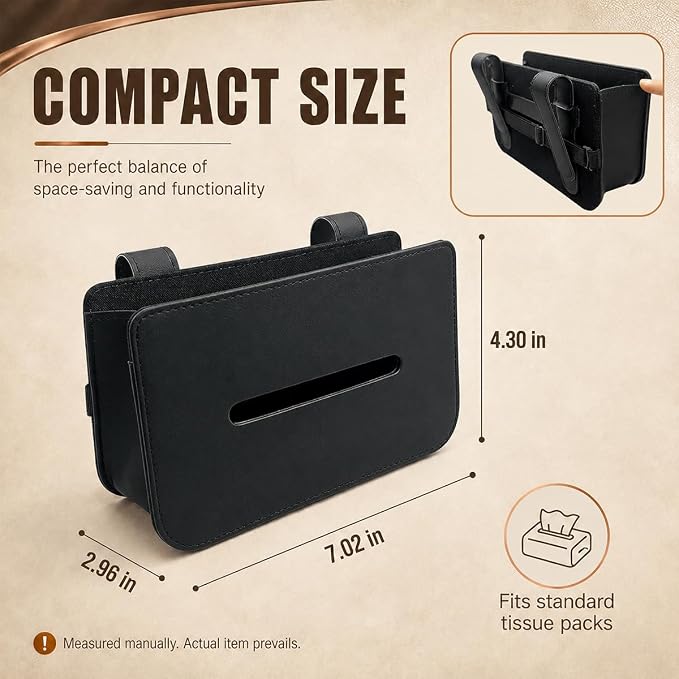 Car Tissue Holder, Leather Rectangular Car Backseat Napkin Storage Box, Multifunctional Vehicle Interior Tissues Organizer Accessories for Keep Auto Tidy (Black) - Image 2