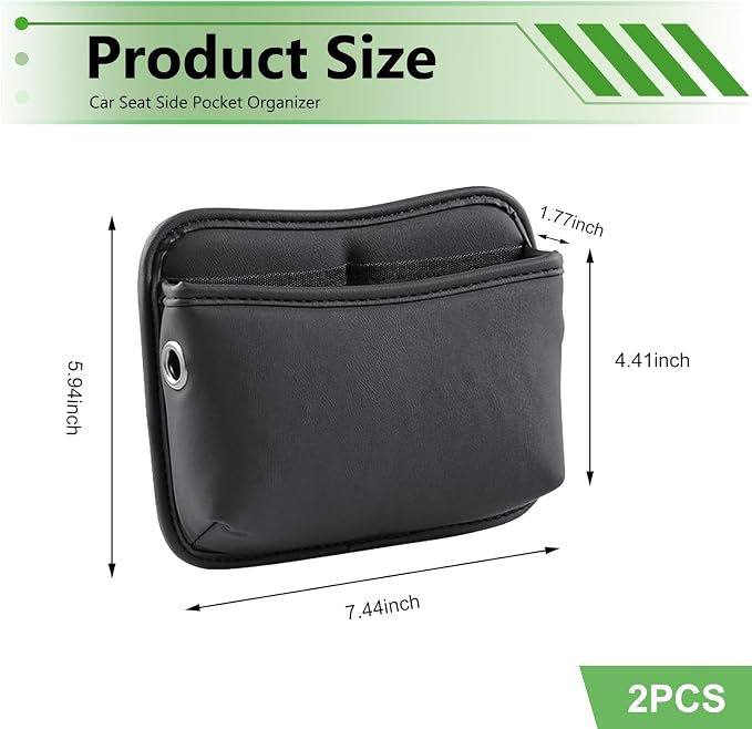 2 PCS Car Seat Side Storage Pocket, Leather Self-Adhesive Car Seat Storage Pouch, 5.94" x 7.44" Multifunctional Convenient Auto Organizer Bag for Phone Keys Sunglass & Wallet (Black) - Image 2