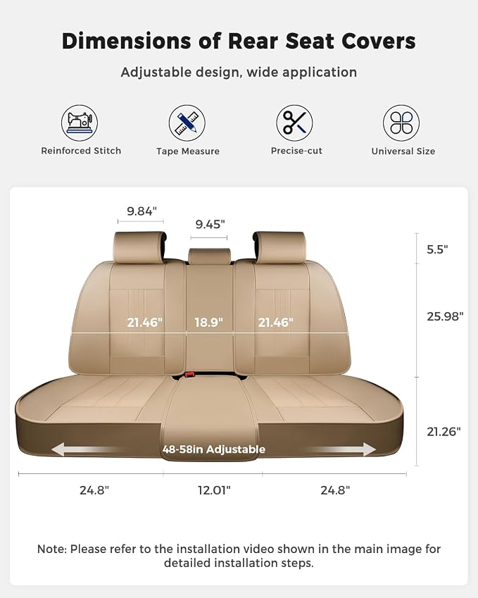 Huidasource Beige Back Seat Cover, Luxury Faux Leather Car Back Seat Cover, Velcro Adjustable, Compatible with Child Seat, Perforation Cooling＆Heating, Universal Fit for Most Cars Vans, Trucks, SUVs - Image 2