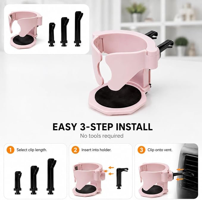 Car Air Vent Cup Holder, Clip On Dash Vent Hanging Drink Holder Expander, Auto Interior Air Conditioning Portable Storage Holder for Horizontal Blade, Universal for Most Cars (Pink) - Image 6