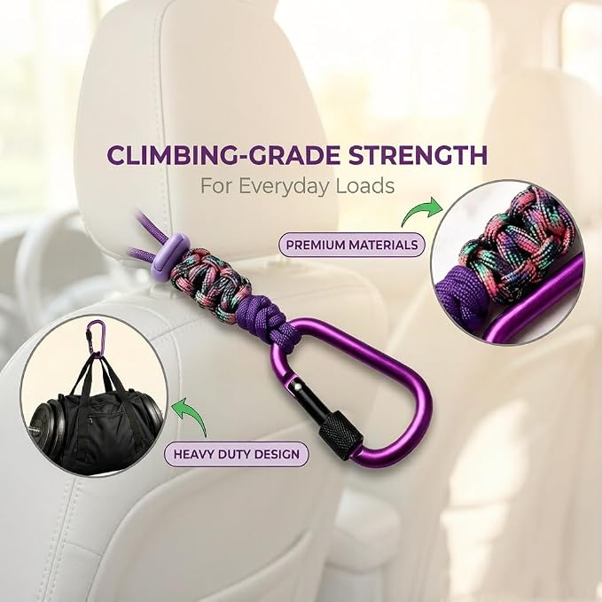 Car Seat Back Hooks 2 Pack - Heavy Duty Rope & Metal Buckle Car Hangers, No Wobble Multi-Purpose Organizer for Grocery Bags, Backpacks, Umbrellas, Trash Bags (Fit Most Vehicles) Purple - Image 2