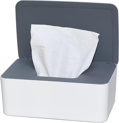 Diaper Wipes Dispenser, Tissue Storage Box Case (Gray-White) | Refillable Baby Wipe Container, Keeps Wipes Clean, Wet Wipe Dispenser Holder with Lid for Home, Office, Cars by The+Revenant