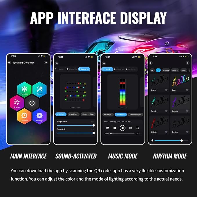 Acrylic Ambient Lighting Car Interior, 6 in 1 Dream Color Acrylic Led Strips Fiber Optic Lights with APP USB Hub, 16 Million Colors 187 Inches Flexible Neon Music Sync Emotion Glow Light for Car Dash - Image 4