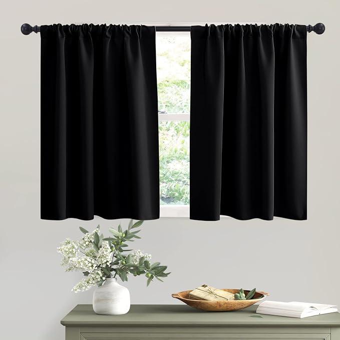 RYB HOME Short Black Blackout Curtains for Small Bedroom Kitchen Window | Thermal Insulating, UV Blocking, Privacy Protection, Drapes/Tiers for Basement Garage Bathroom, W42 x L36, 2 Panels by RYBHOME