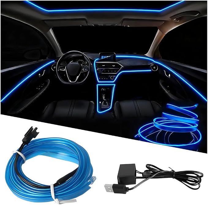 EL Wire Car LED Strip Lights, 16.5FT 5V USB Vehicle Ambient Lighting Kit with Fuse Protection, Automotive Interior Neon Decoration Lamp with 5mm Sewing Edge, Universal Fit (Blue) by Ywdiml