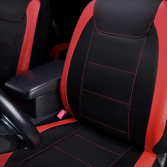 Flying Banner car seat Covers Protects Water Proof Faux Leather Carbon Fiber Front and Rear Bench (Red Black, Full Set - 9PCS) - Image 4