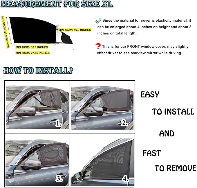 Car Front Window Sun Shade - 2 Pack Breathable Mesh Side Window Shade Sunshade UV Protection for Driver Family Pet on Front seat, Curtain with Two Holes to See Rearview Mirror, Size M - Image 5