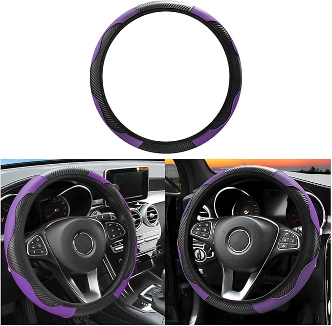 Osilly 15 Inch Carbon Fiber PU Leather Steering Wheel Cover, Purple | full-wrap protective surface, flexible ringless design, hand-stretch setup, fits matching rim sizes, automotive accessories by Osilly