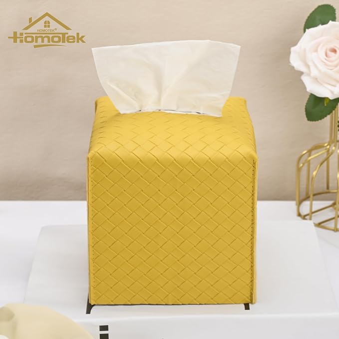 HOMOTEK 2 Pack Tissue Box Cover, Square PU Leather Tissue Holder, Decorative Facial Tissue Cube Paper Organizer Dispenser for Bathroom, Night Stands, Desk, Car 5X5X5'' - Woven Waffle,Mango Yellow - Image 4