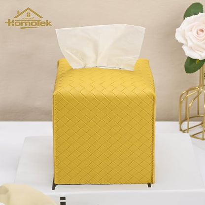 HOMOTEK 2 Pack Tissue Box Cover, Square PU Leather Tissue Holder, Decorative Facial Tissue Cube Paper Organizer Dispenser for Bathroom, Night Stands, Desk, Car 5X5X5'' - Woven Waffle,Mango Yellow - Image 4