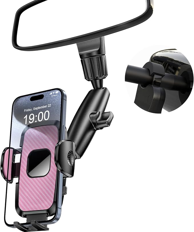 Rear View Mirror Phone Holder, 360° Rotating Car Phone Holder Mount Compatible with All 4-7 Inch iPhone and Android Cell Phones (Pink) by JDHDL
