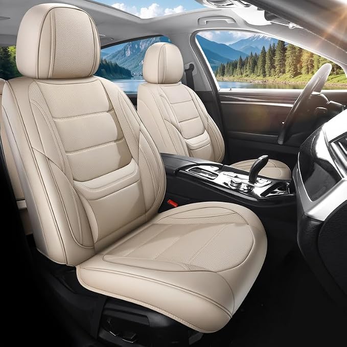Car Seat Covers Full Set Fit For Toyota Land Cruiser 2000-2026, Beige | Lumbar Support, Premium Faux Leather, Breathable, Anti-Slip, Airbag Compatible, Waterproof, Car Seat Protectors, 2 Row-5Seat by Unknown