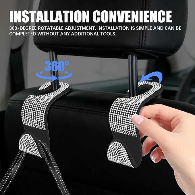 4PCS Bling Car Seat Headrest Hooks, Purse Holder for Car, Vehicle Back Seat Purse Handbag Hanging Holder with Crystal Rhinestone, Diamond Car Rear Seat Organizer for Vehicles (White) - Image 4
