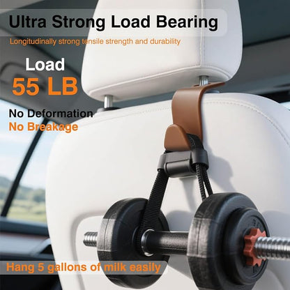 4-Pack Car Seat Hooks - 55 lb Each, Fits 0.32-0.55 in Headrest Rods | Purse holders; PP construction; tool-free setup; 360° swivel; brown; for groceries, backpacks, gym bags, and baby gear - Image 5