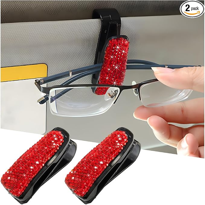 2 PCS Glasses Holders for Car Sun Visor, Bling Crystal Rhinestones Car Sunglasses Holder with Ticket Card Clip, Eyeglasses Hanger Mount for Women Girls, Car Interior Accessories (Red) by Unknown
