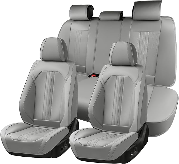 Huidasource Gray Seat Covers, Luxury Faux Leather Car Seat Cover, Velcro Adjustable, with Airbags, Seat Belts, Thinning Design Perforation Cooling＆Heating, Fit for Most Cars, Vans, Trucks, SUVs, Gray by Huidasource