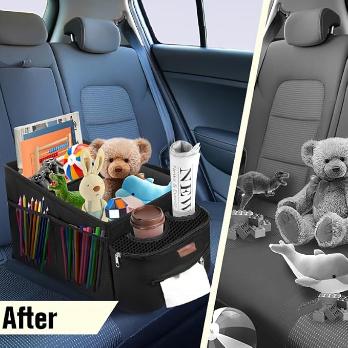 FUNNy elf Collapsible Car Backseat Organizer with 4 Cup Holders | Waterproof Oxford, Anti-slip Base, 6 Mesh Pocket & 1 Zipper Tissue Pocket, Passenger Seat Organizer for SUV, Truck, Sedan - Image 5