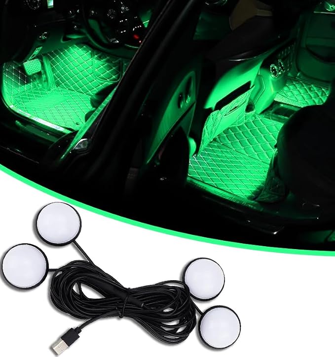 4 in 1 Car Interior LED Ambient Light Kit, Green | 5 Volt USB power, adhesive install, front and rear cables, fits most cars, SUVs, and trucks, car interior accessories by Unknown